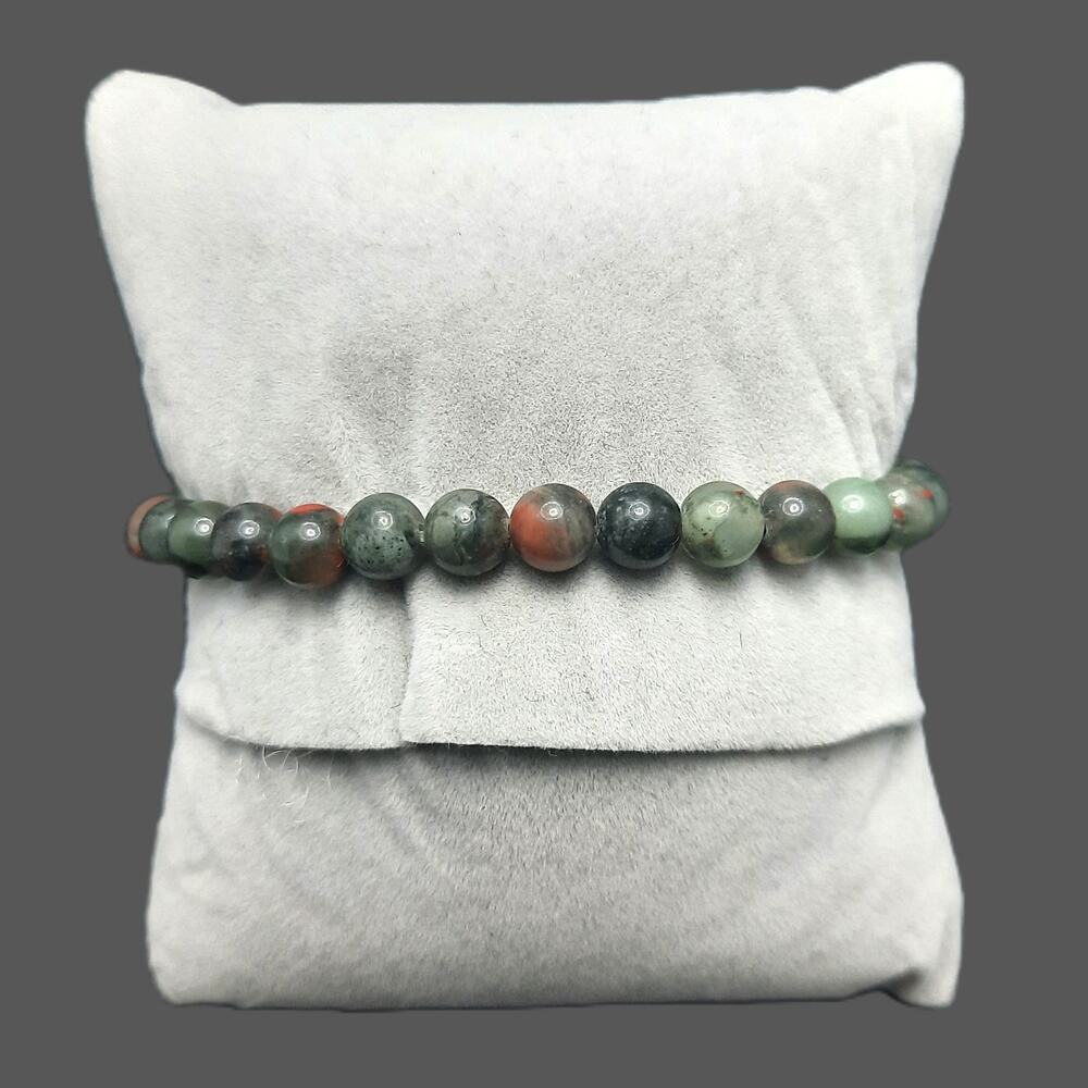 African Bloodstone Beaded Bracelet 6mm Green Red Jasper Gemstone Stretch Unisex - Picture 3 of 8